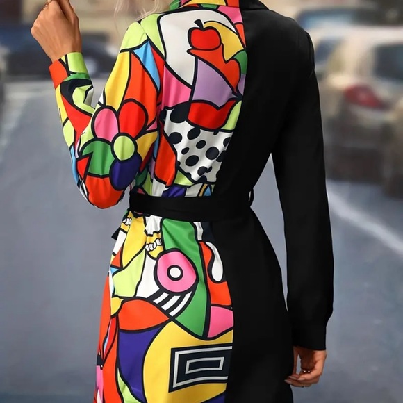 Geo Print Contrast Shirt Dress, Casual Button Front Long Sleeve Dress - Picture 3 of 6